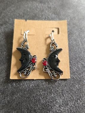 Black Crescent Moon Drop Earrings with Red Accent